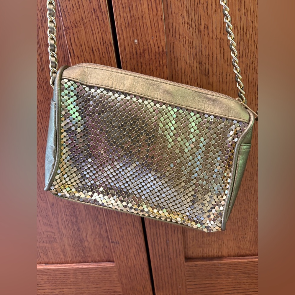 Vintage GOLD Chain Mail Metal w/ Leather Purse Crossbody Gorgeous!